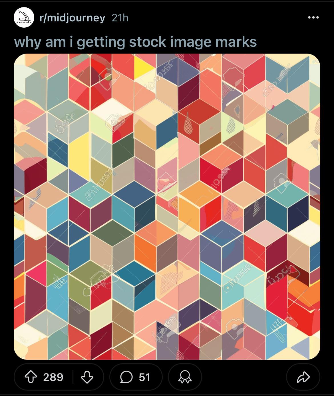 The meme is a screenshot of a Reddit post with the title "why am i getting stock image marks". The image is a grid of tiny, identical, 3D cubes in various colors, but upon closer inspection, they all appear to be identical and are actually just a stock image of a 3D cube grid. The post is likely complaining about receiving stock image marks, which are small, transparent, or "watermark" images that appear over the top of the actual image, often used to protect the image's copyright.